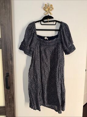 AMERICAN EAGLE Navy Floral Puff-Sleeve Square Neck Dress